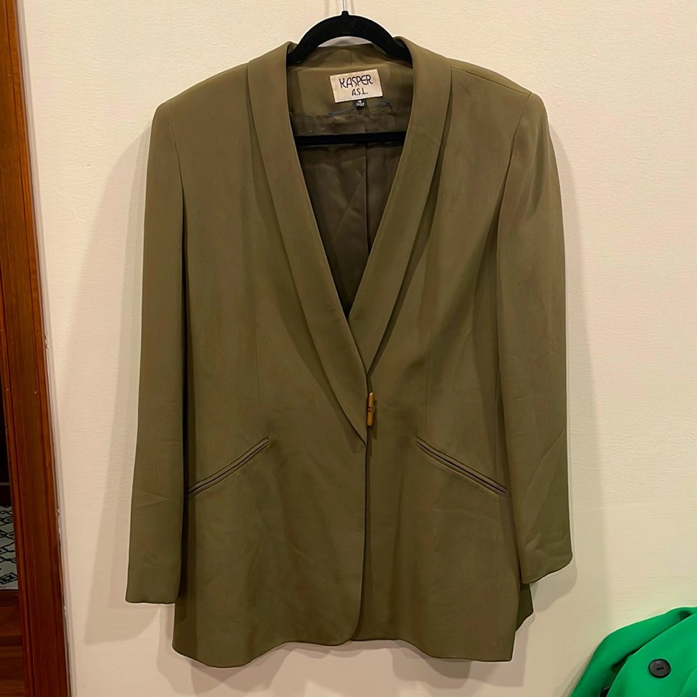 Kasper silk blazer. Olive green/grey 100% silk blazer with wood toggle closure.